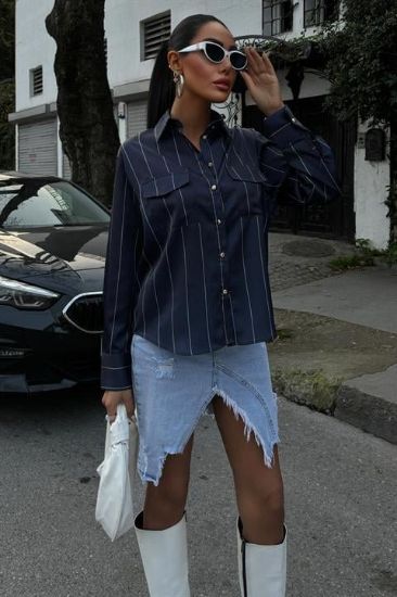 Chanel Saten Premium Çizgili Gömlek 3411 resmi